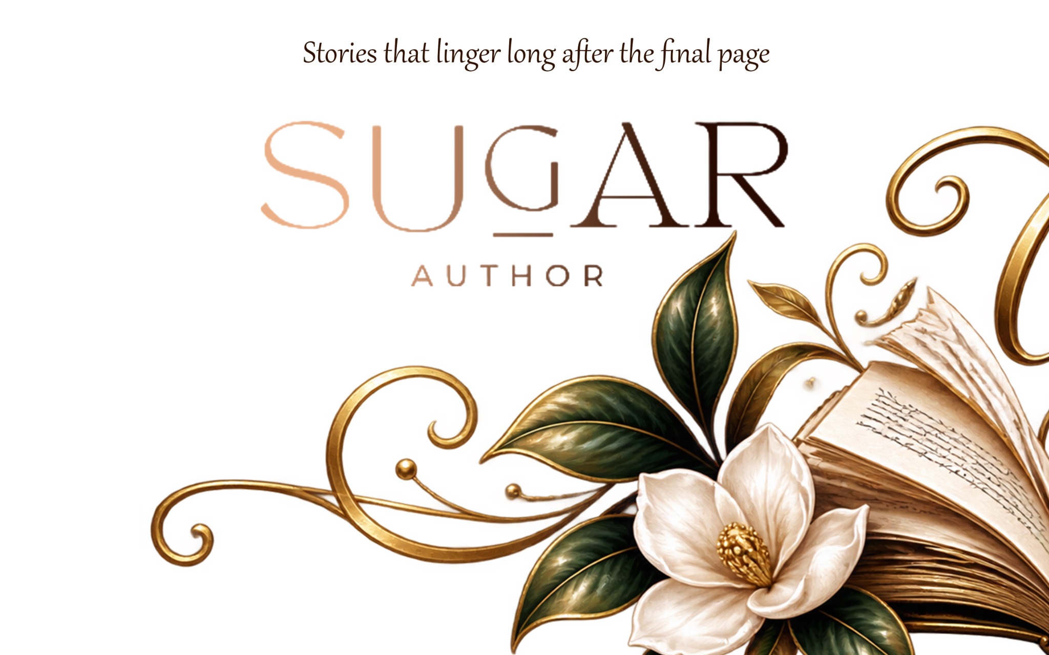 Author Sugar’s brown and gold logo with a magnolia, an open book, and gold flourishes